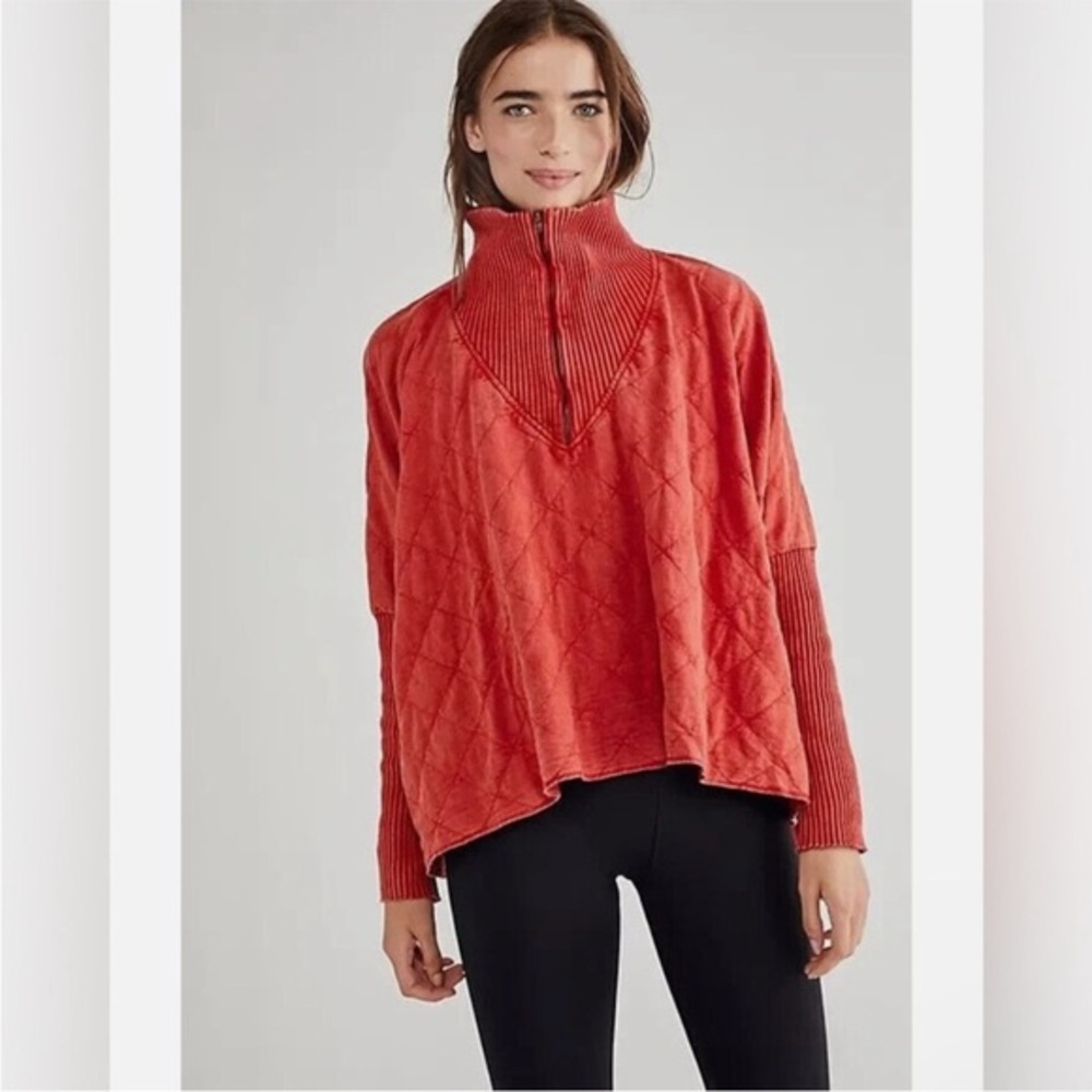 Free People FP One Red Faded Quarter Zip Shiloh Pullover Top Sweater